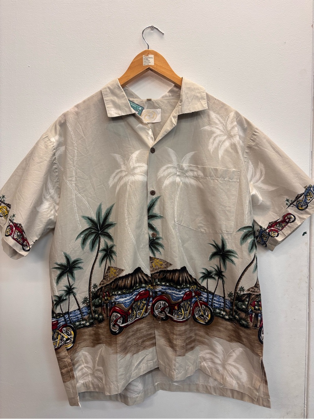 Go Hawaii Men's Casual Beige Tropical Motorcycle Graphic Print Camp Shirt Large